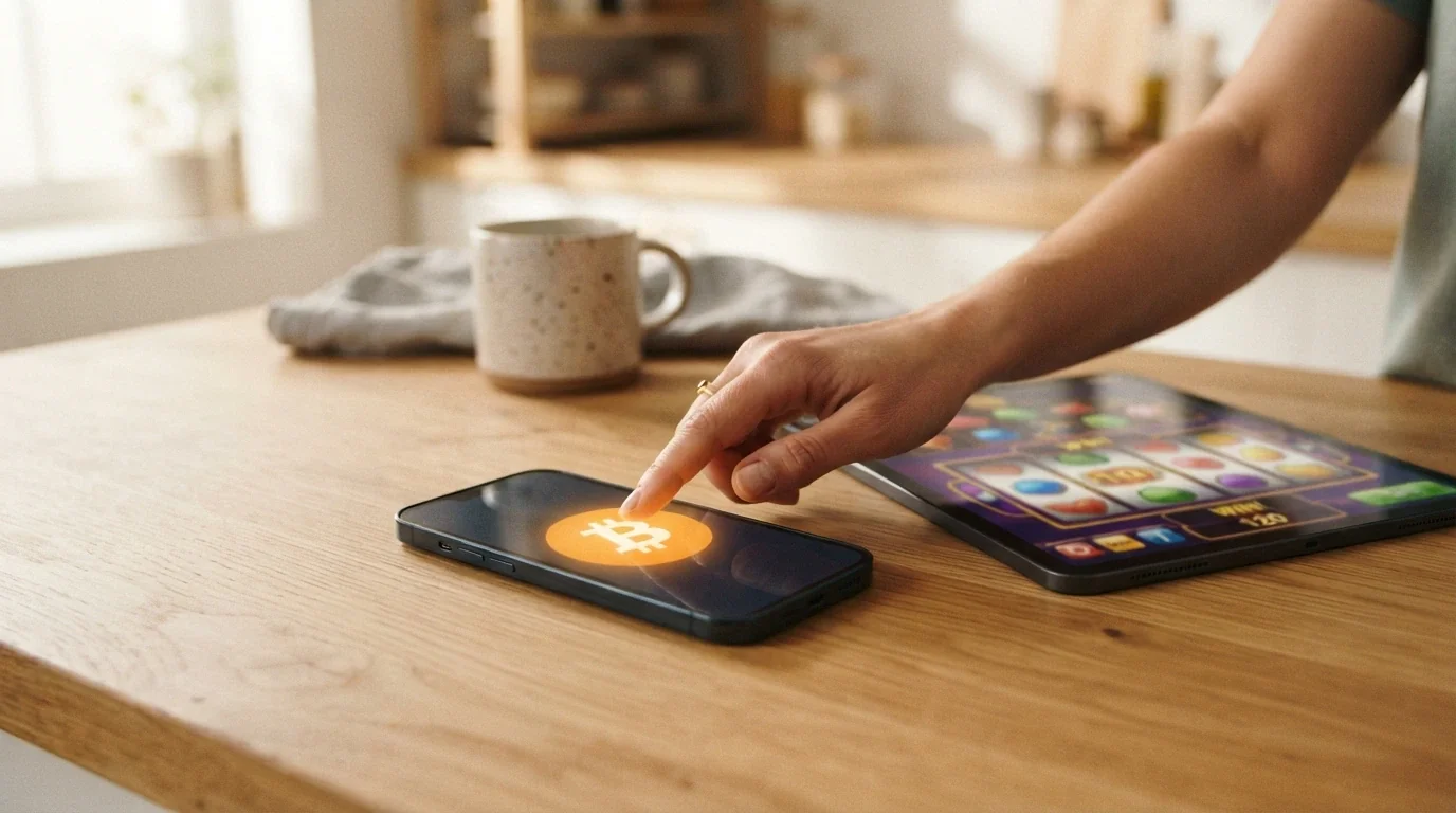 Mobil s otevřenou krypto peněženkou, vedle něj tablet s načteným kasinem — šipka mezi nimi znázorňuje směr transakce