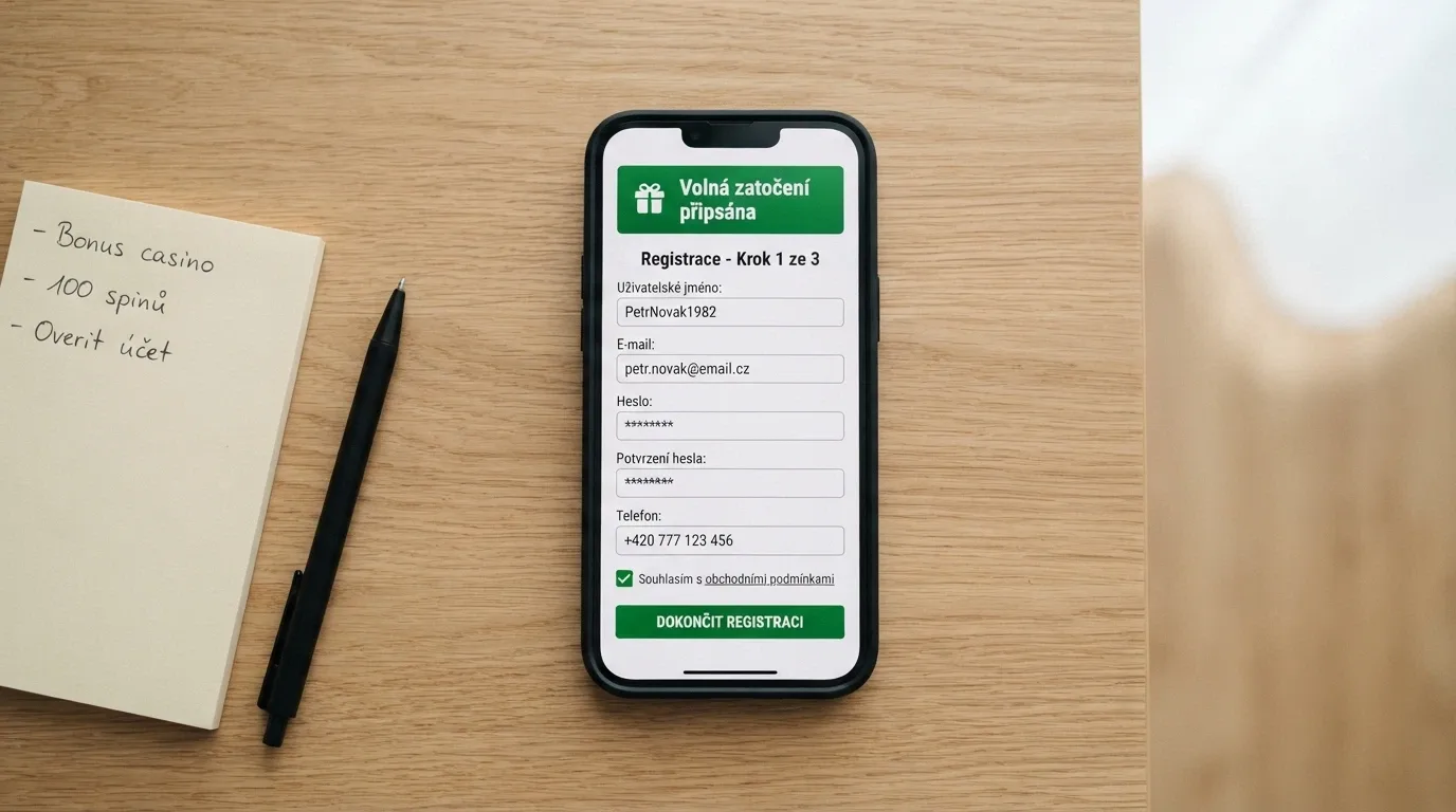 Detail registračního formuláře online kasina s oznámením o připsání volných zatočení bez nutnosti vkladu