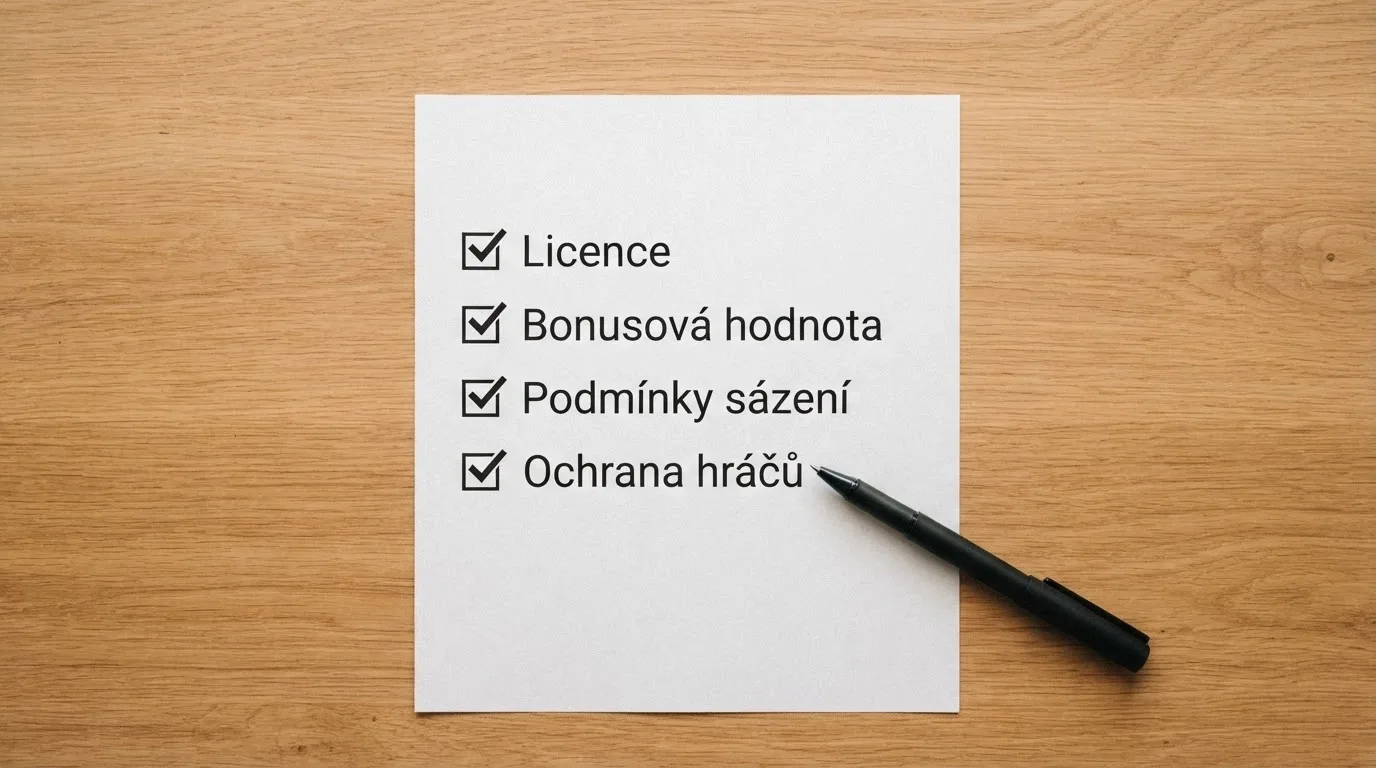Seznam kritérií na papíře — licence, hodnota bonusu, podmínky protočení, ochrana hráče