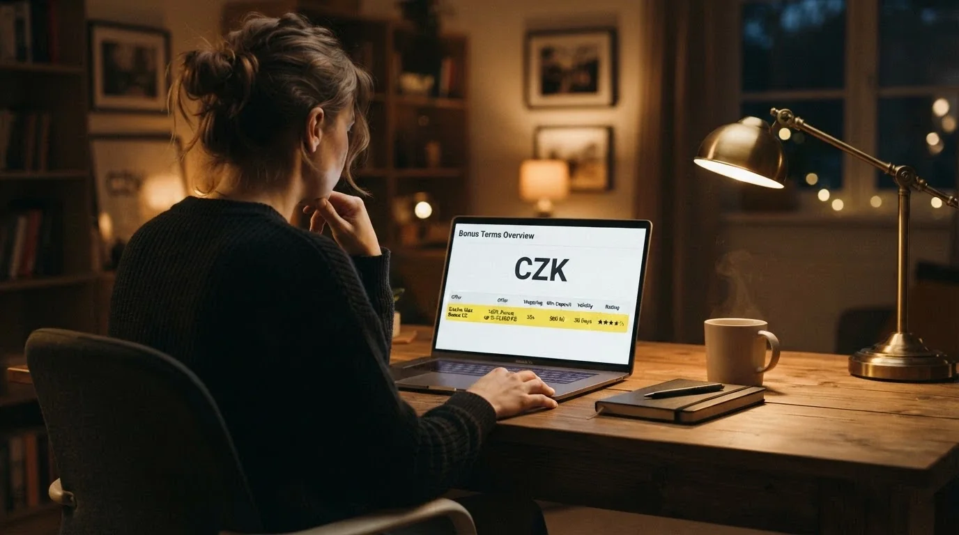 Hráč se zamyšleně dívá na obrazovku s přehledem bonusových podmínek