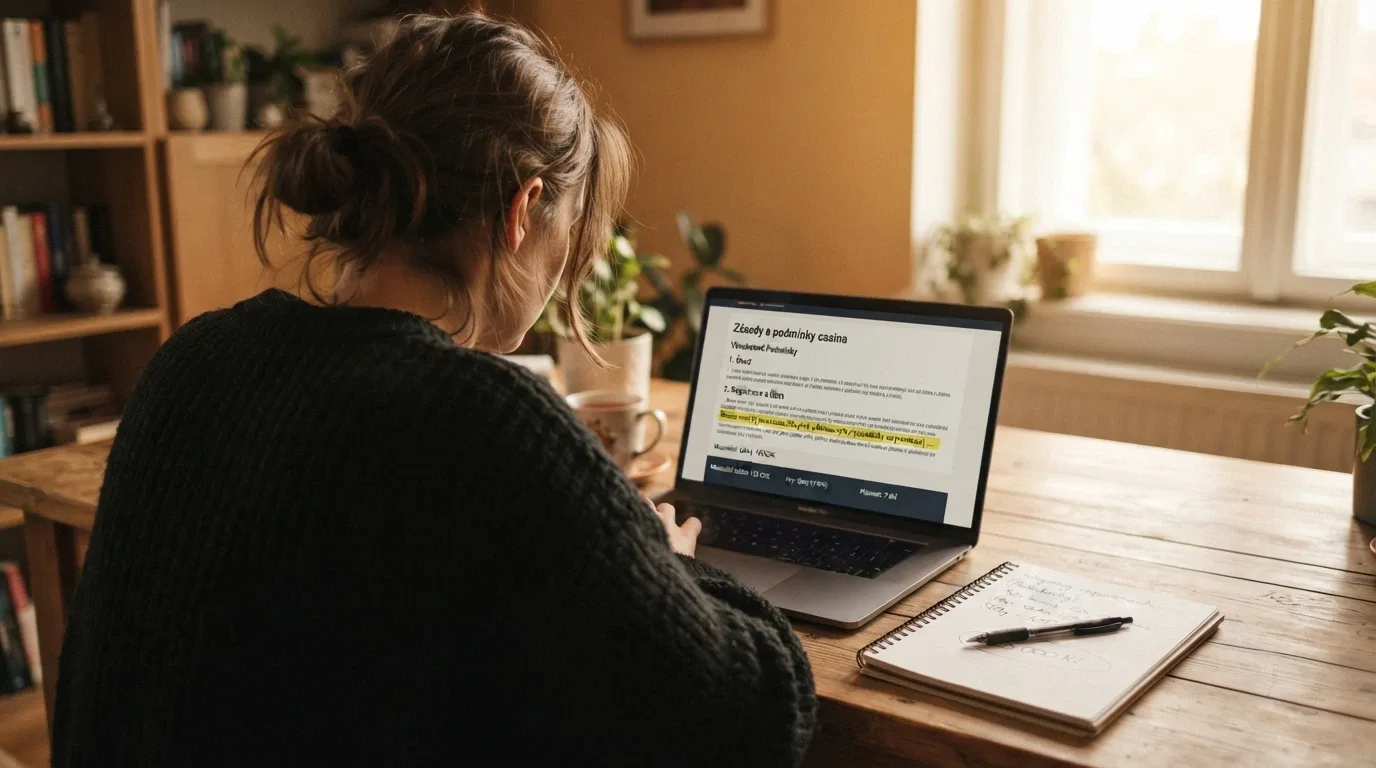 Hráč u notebooku s otevřeným online casinem, v ruce poznámky s výpočtem podmínek bonusu