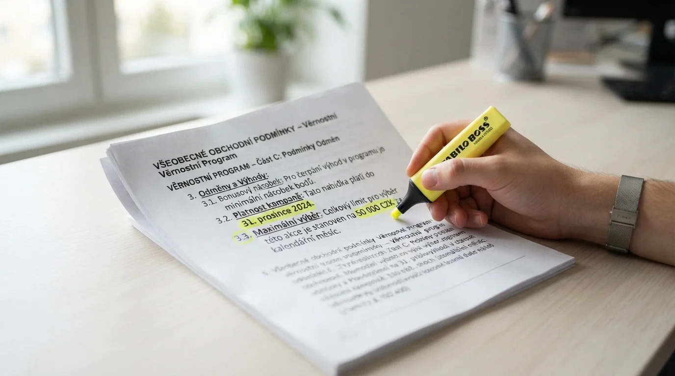 Dokument s vyznačenými podmínkami bonusu — čísla protočení, data platnosti a limitu výběru zvýrazněná fixou