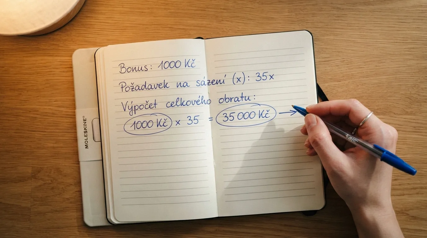 Kalkulačka nebo poznámkový blok s rozepsaným výpočtem: výše bonusu × násobek protočení = celkový obrat potřebný k uvolnění výhry
