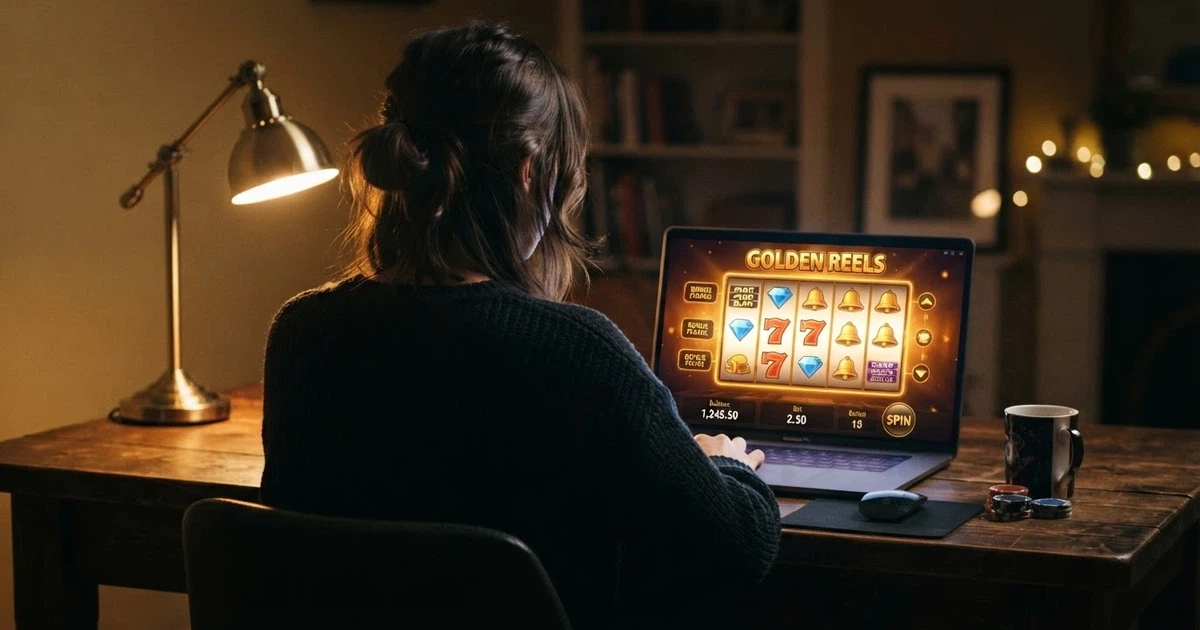 Hráč u počítače prohlíží nabídku zahraničního online casina s bonusem bez vkladu
