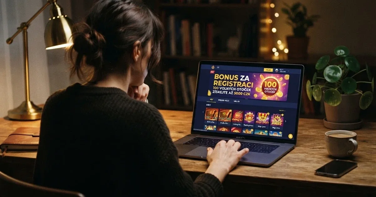 Hráč u notebooku prohlíží nabídku bonusu za registraci na obrazovce zahraničního online casina