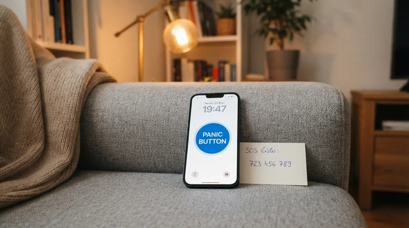 Telefon s číslem linky pomoci na displeji, vedle modré tlačítko s nápisem Panic Button