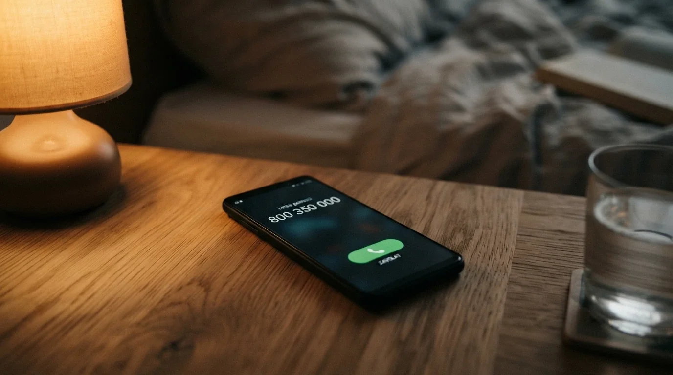 Telefon s vytočeným číslem 800 350 000 vedle loga Národní linky pro odvykání hraní