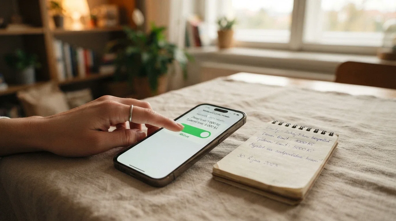 Telefon s vytočeným číslem linky pomoci +420 777 477 877 na displeji, vedle něj zápisník s poznámkami o limitech