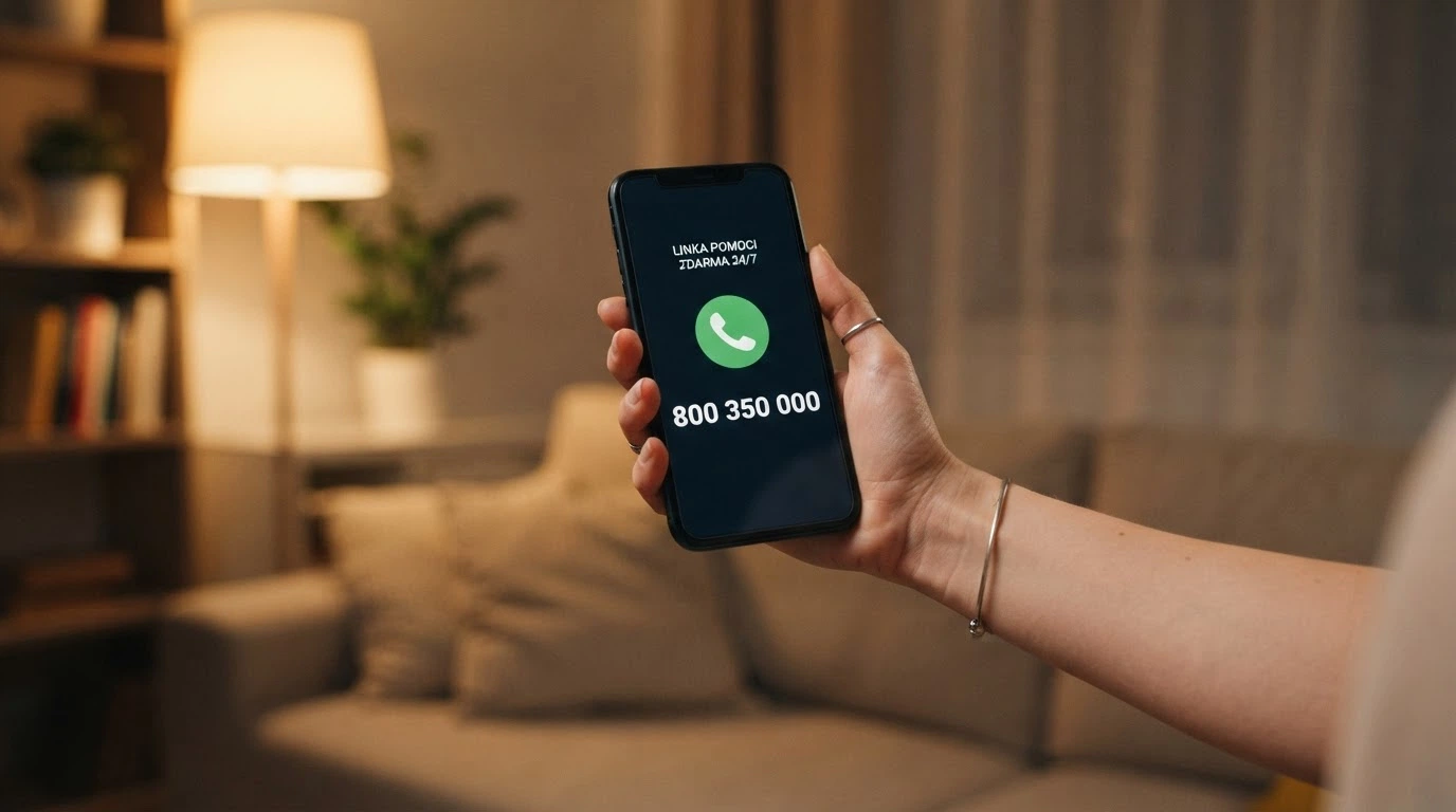 Telefon s vytočeným číslem 800 350 000 na displeji, v pozadí logo Národní linky pro odvykání hraní