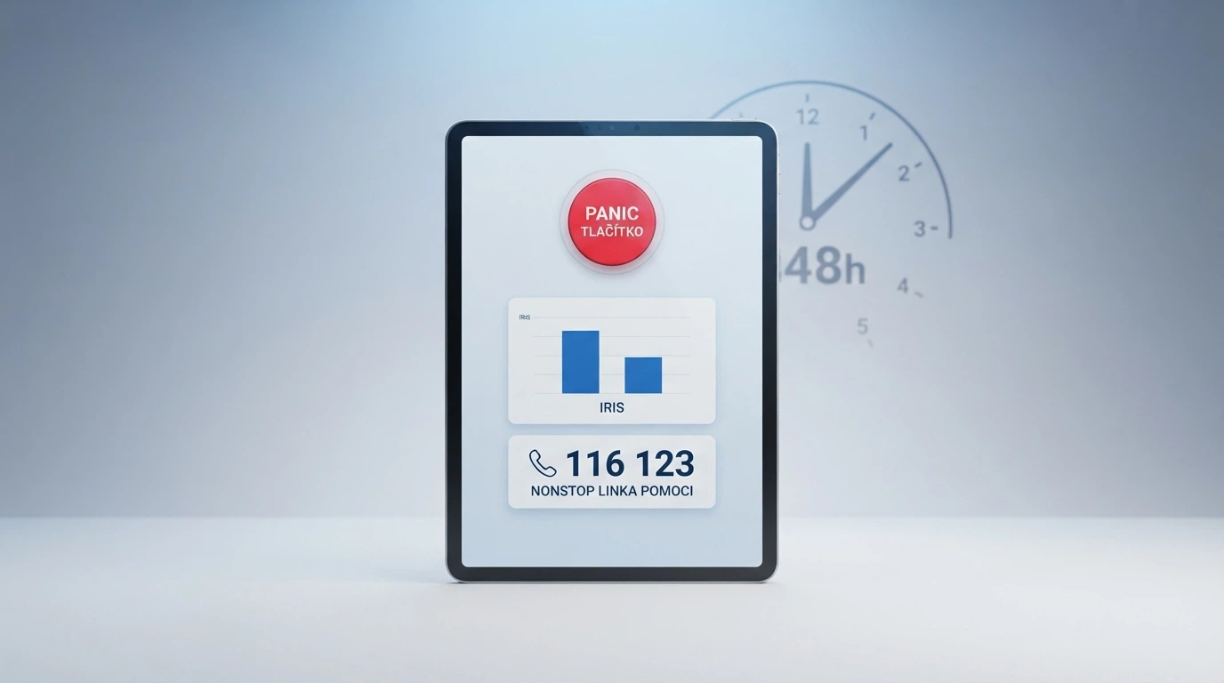 Obrazovka s tlačítky Panic Button, IRIS dashboard a telefonní číslo linky pomoci — na pozadí hodiny ukazující 48 hodin