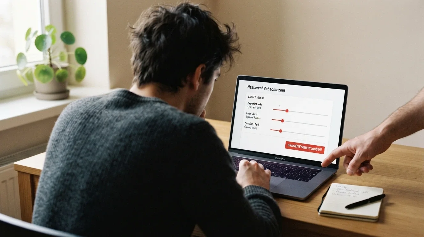 Hráč nastavující limity vkladu v rozhraní online casina, vedle ikona panického tlačítka (48h) a číslo nonstop linky pomoci