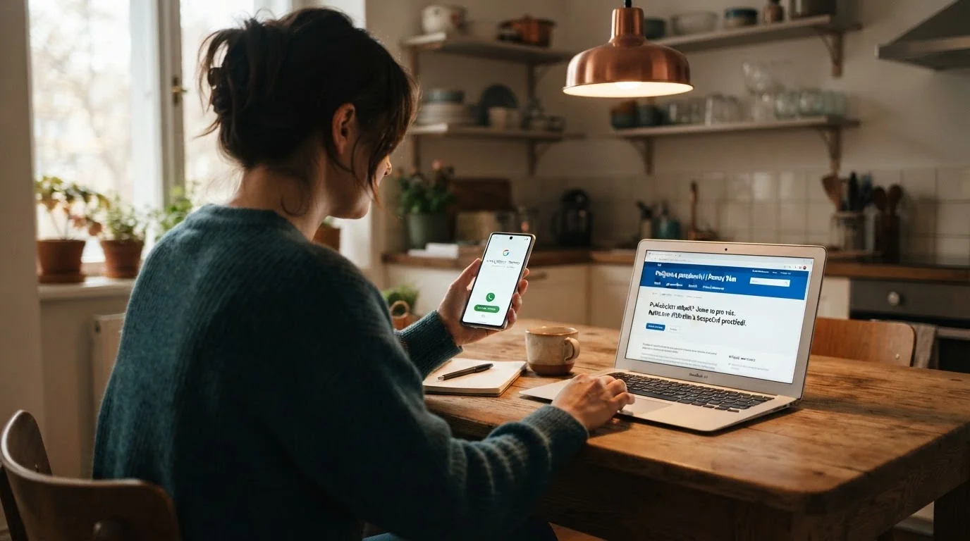 Telefon s vytočenou Linkou pomoci a web Naberte kurz na obrazovce notebooku