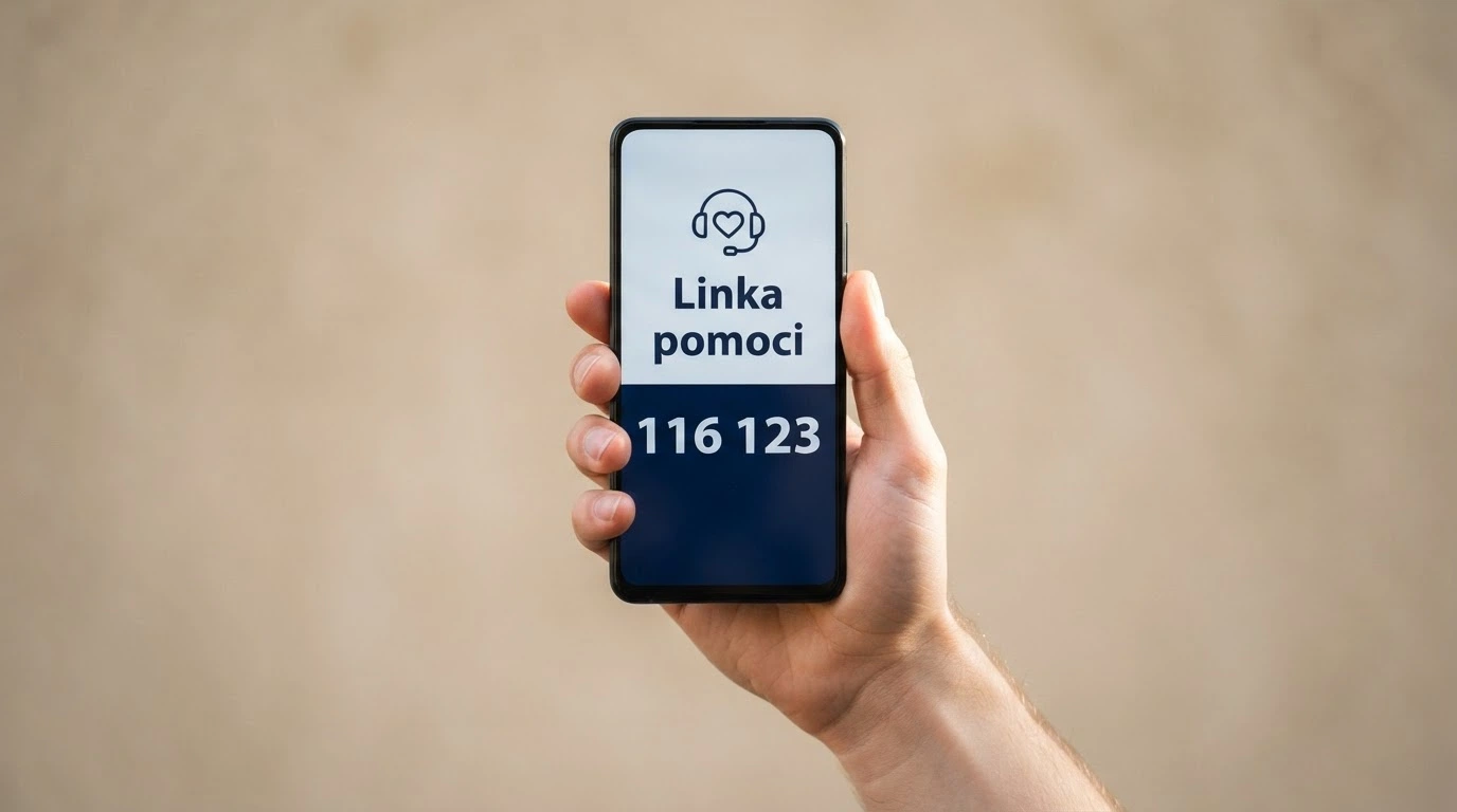 Telefon s vytočeným číslem Linky pomoci +420 777 477 877 a logem Naberte kurz