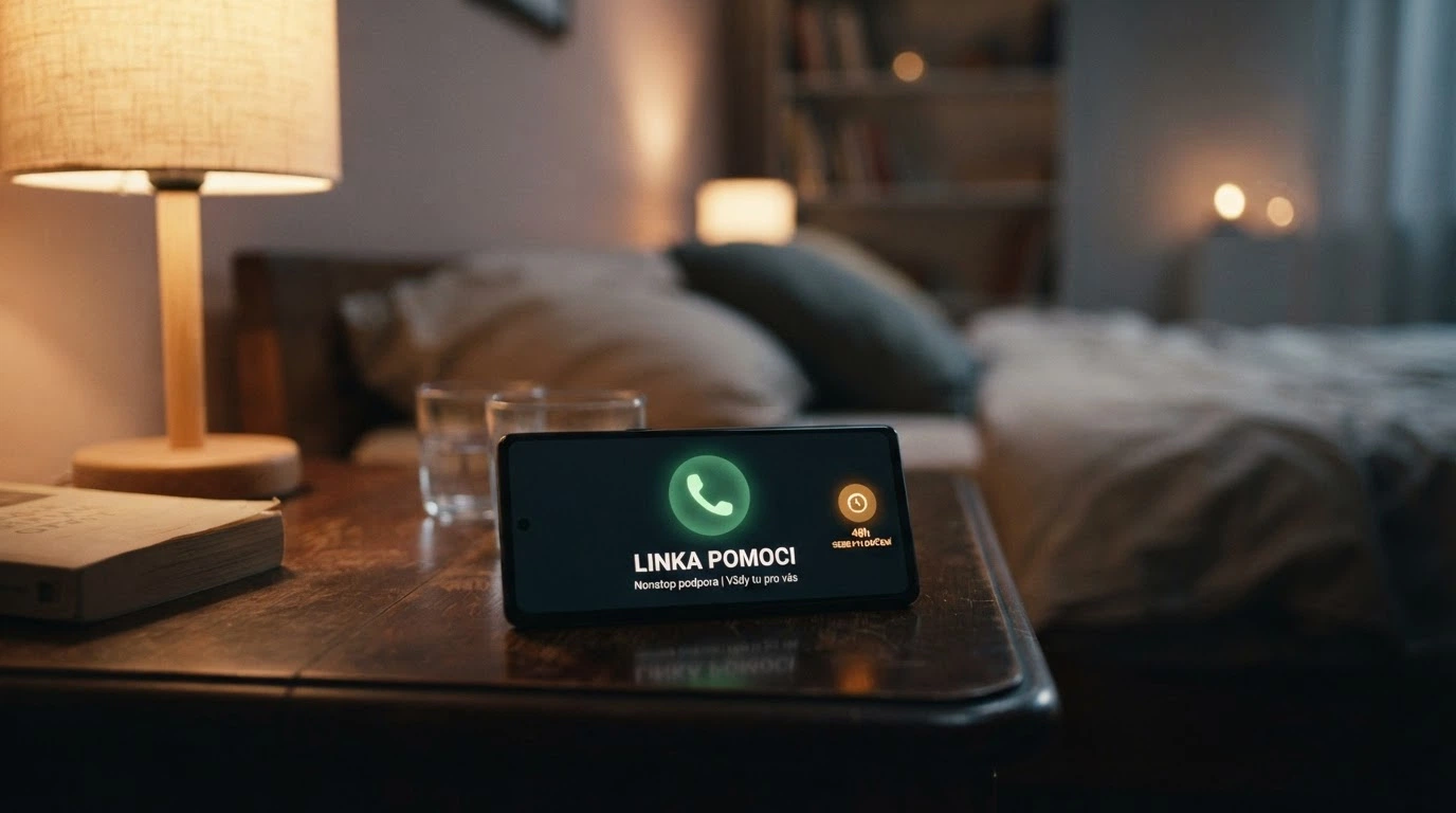 Telefon s číslem linky pomoci, vedle ikona panic buttonu 48h a logo zodpovednehrani.cz