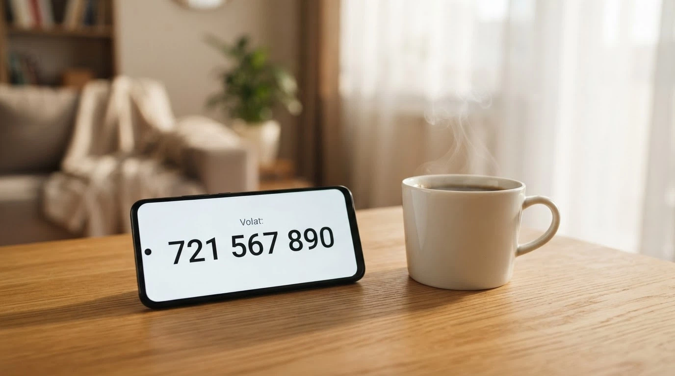 Telefon s vytočeným číslem linky pomoci na displeji, položený na stole vedle šálku kávy, klidná kompozice