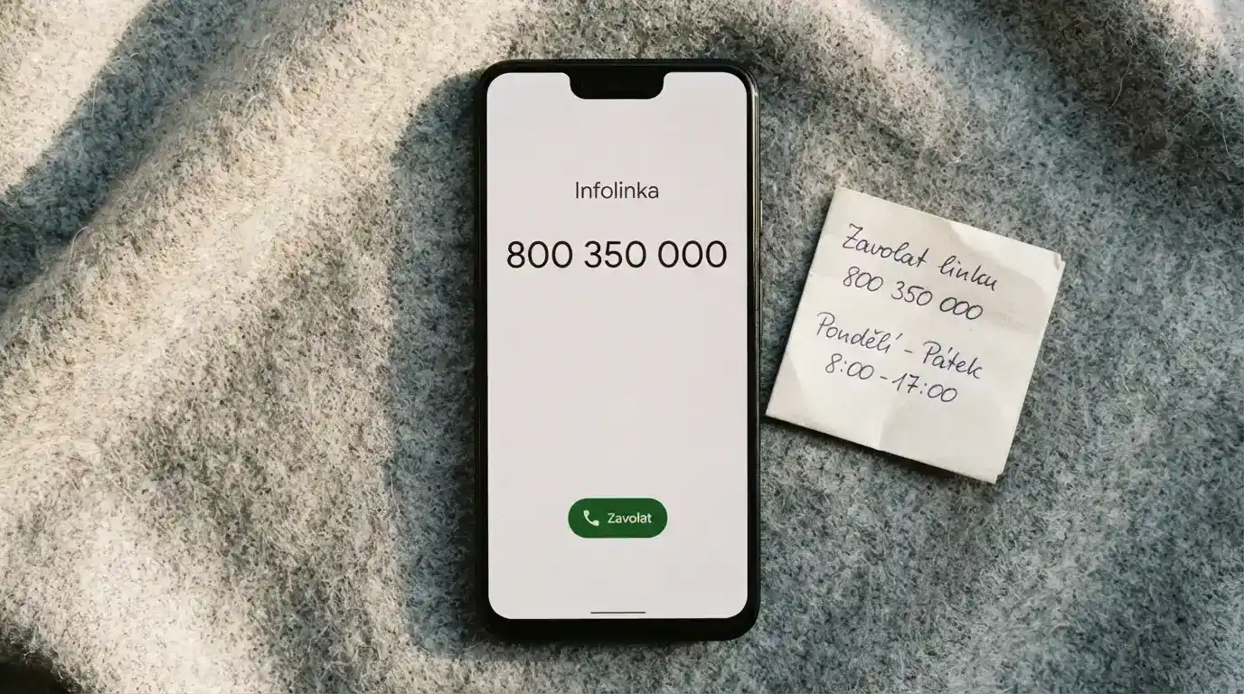 Telefon s vytočeným číslem 800 350 000 na lince pomoci, vedle ikony panic buttonu a nápisu NONSTOP