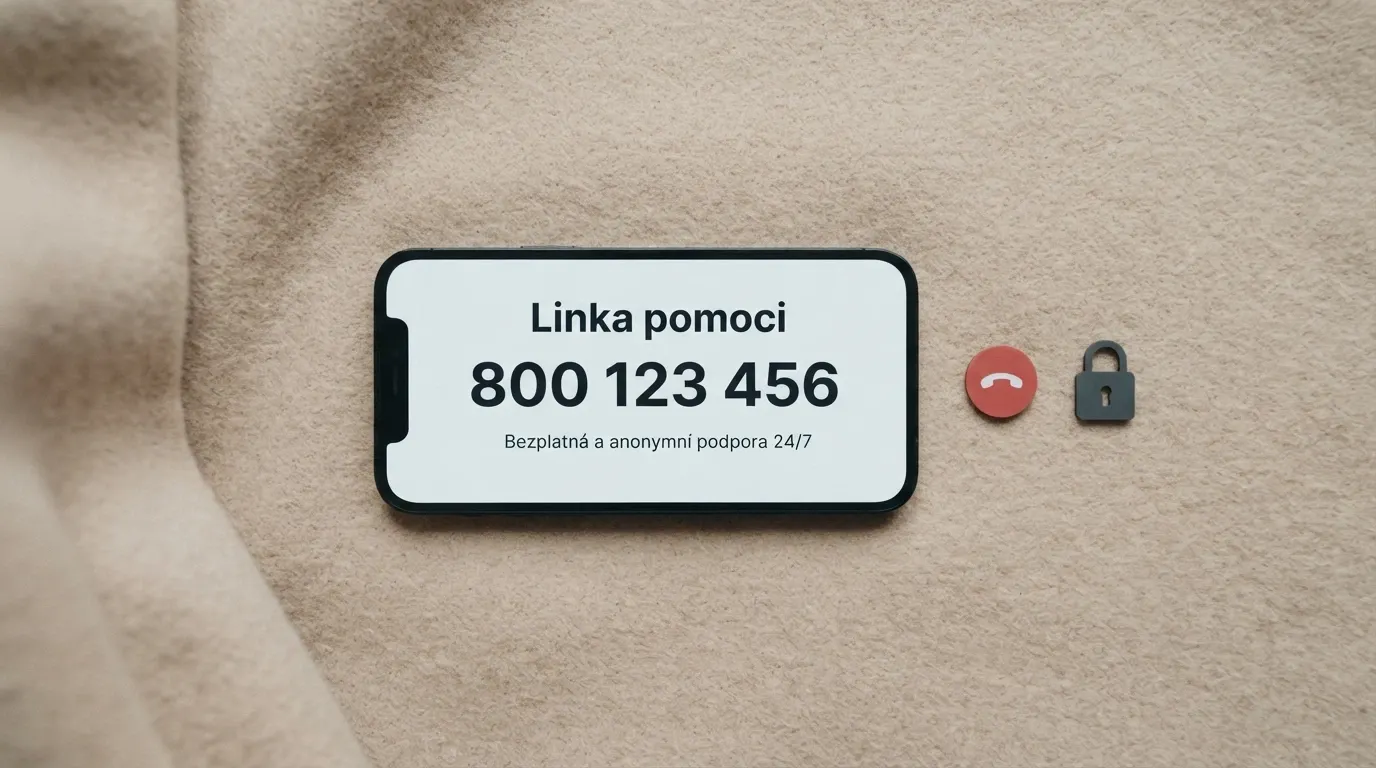 Telefon s vytočeným číslem linky pomoci na displeji, vedle ikona panic buttonu a symbol Rejstříku vyloučených osob