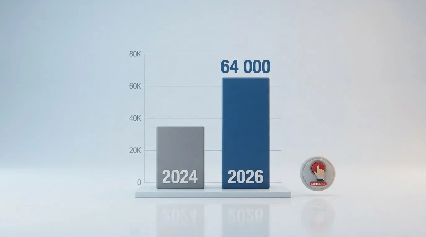 Grafika ukazující nárůst počtu osob v RVO (sloupcový graf: 2024 vs 2026) a ikonu Panic Button